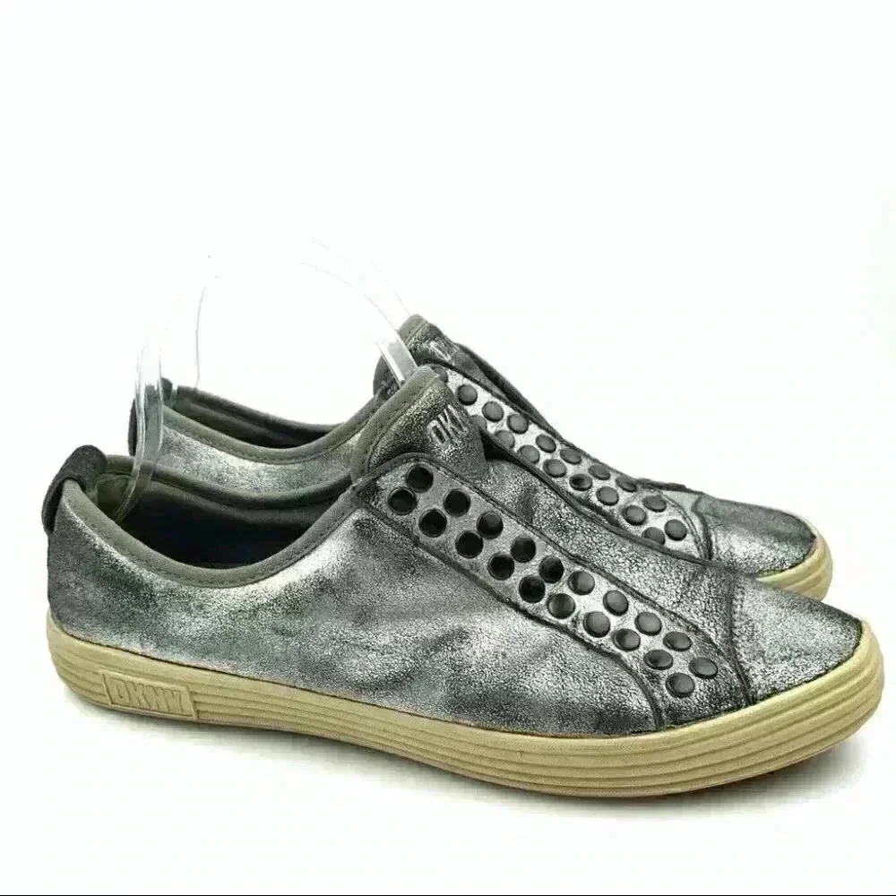 DKNY sneakers 8.5 pewter leather studded vintage